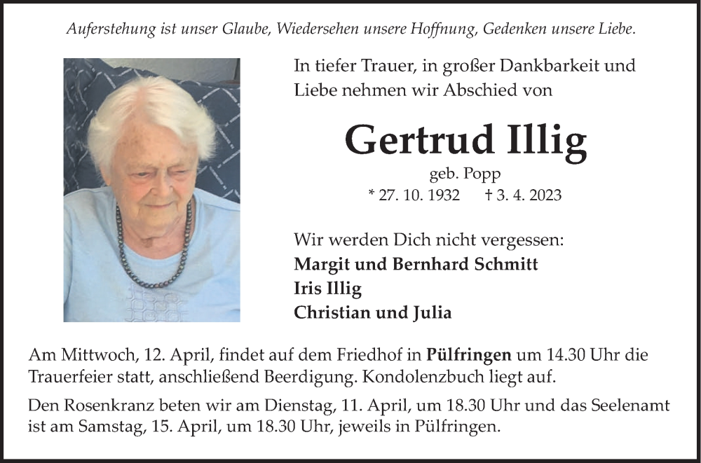  Traueranzeige für Gertrud Illig vom 08.04.2023 aus Fränkische Nachrichten