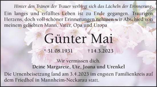 Traueranzeige von Günter Mai von Mannheimer Morgen