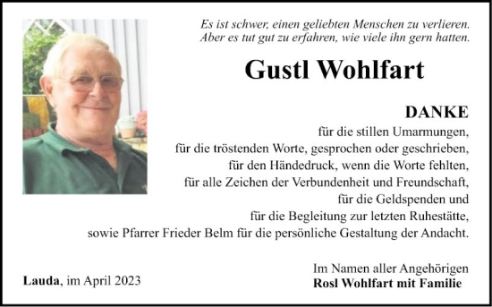Traueranzeige von Gustl Wohlfart von Fränkische Nachrichten