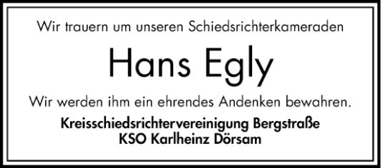 Traueranzeige von Hans Egly von Bergsträßer Anzeiger