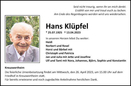 Traueranzeige von Hans Klüpfel von Fränkische Nachrichten