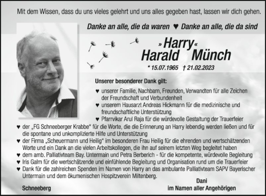 Traueranzeige von Harald Münch von Fränkische Nachrichten