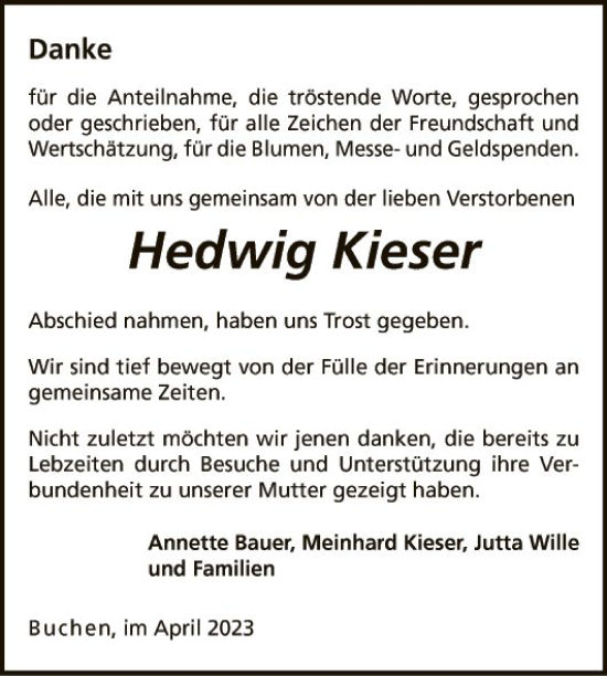 Traueranzeige von Hedwig Kieser von Fränkische Nachrichten