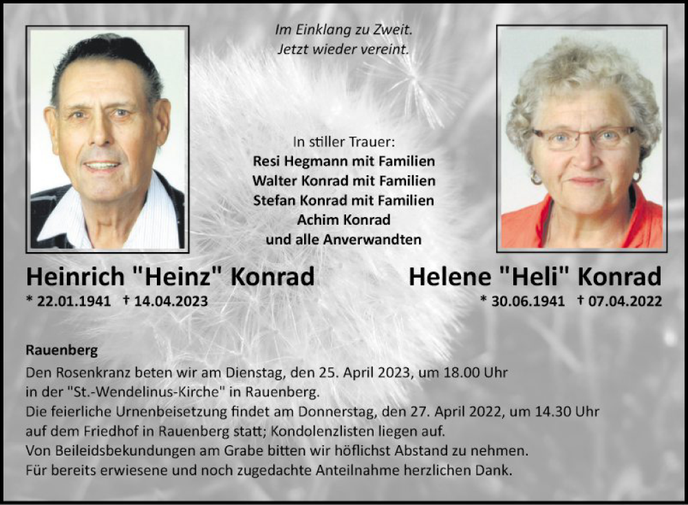  Traueranzeige für Heinrich Konrad vom 21.04.2023 aus Fränkische Nachrichten