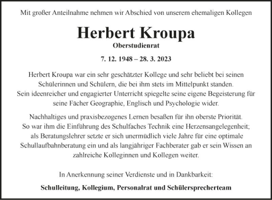 Traueranzeige von Herbert Kroupa von Fränkische Nachrichten