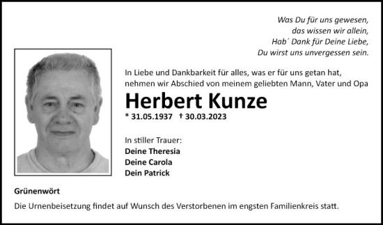 Traueranzeige von Herbert Kunze von Fränkische Nachrichten