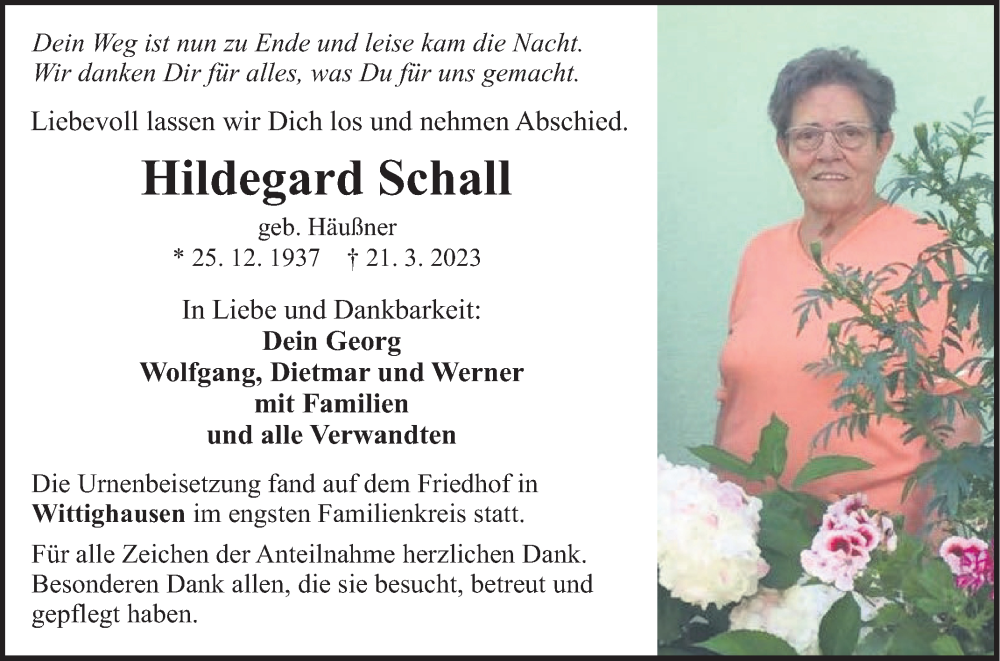  Traueranzeige für Hildegard Schall vom 08.04.2023 aus Fränkische Nachrichten