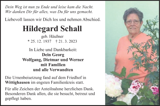 Traueranzeige von Hildegard Schall von Fränkische Nachrichten
