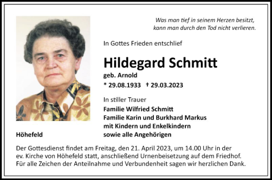 Traueranzeige von Hildegard Schmitt von Fränkische Nachrichten