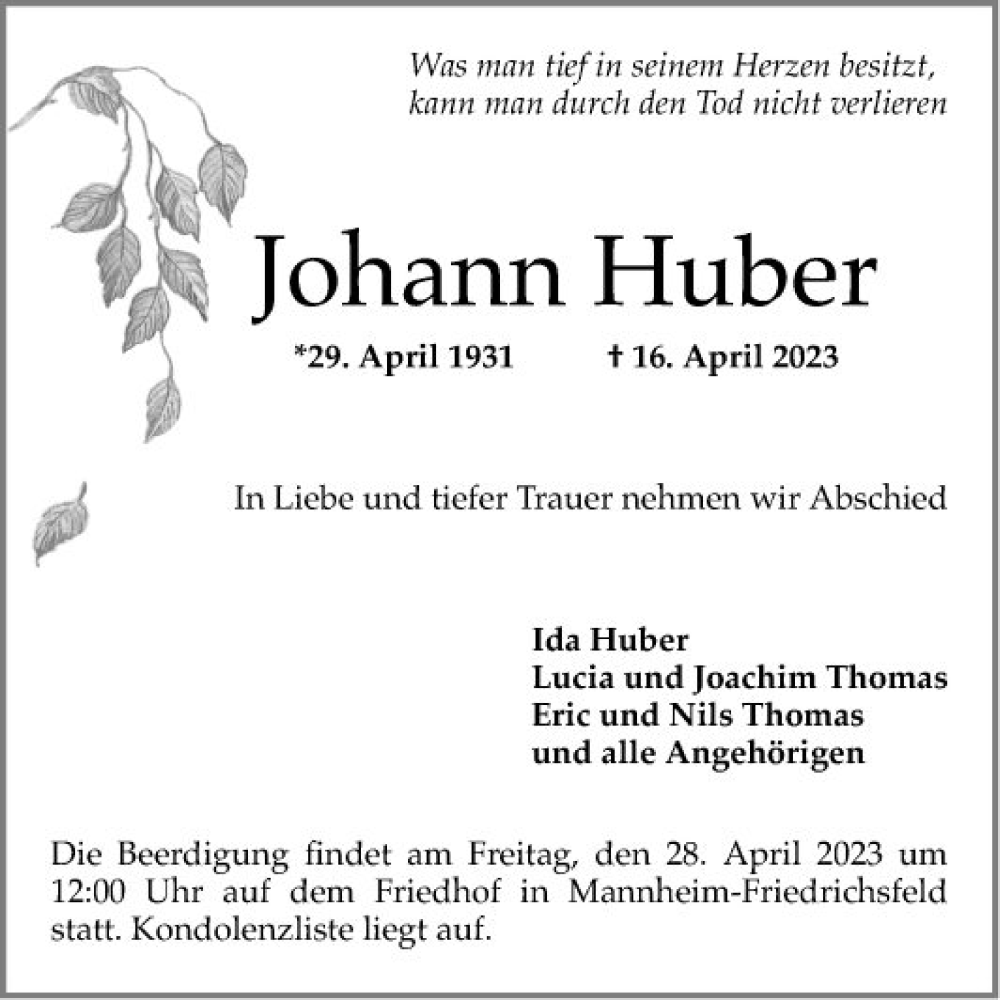  Traueranzeige für Johann Huber vom 22.04.2023 aus Mannheimer Morgen