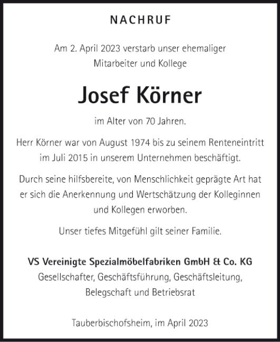 Traueranzeige von Josef Körner von Fränkische Nachrichten