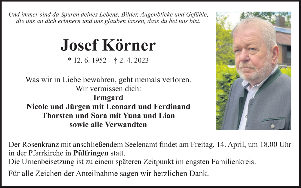  Traueranzeige für Josef Körner vom 08.04.2023 aus Fränkische Nachrichten