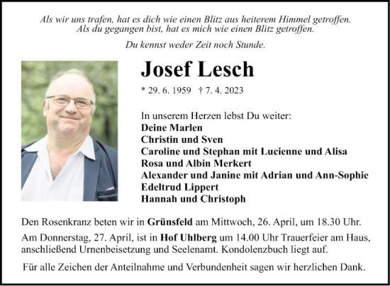 Traueranzeige von Josef Lesch von Fränkische Nachrichten