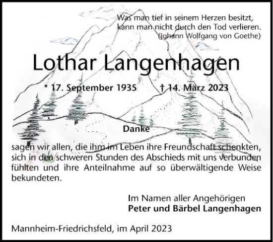 Traueranzeige von Lothar Langenhagen von Mannheimer Morgen