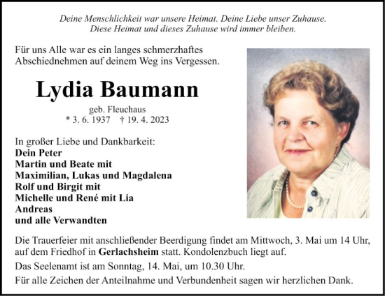Traueranzeige von Lydia Baumann von Fränkische Nachrichten