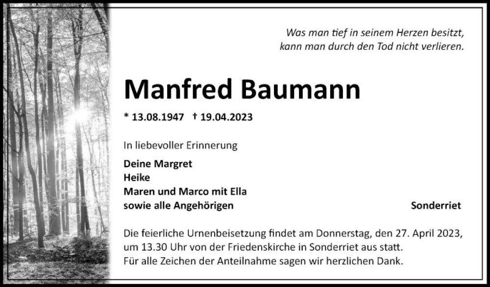  Traueranzeige für Manfred Baumann vom 22.04.2023 aus Fränkische Nachrichten