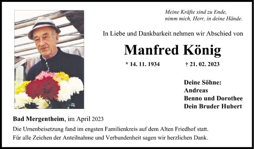  Traueranzeige für Manfred König vom 06.04.2023 aus Fränkische Nachrichten