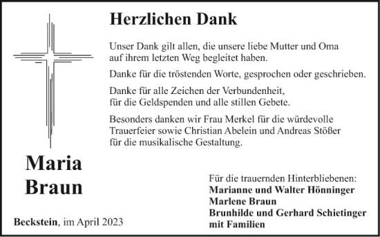 Traueranzeige von Maria Braun von Fränkische Nachrichten