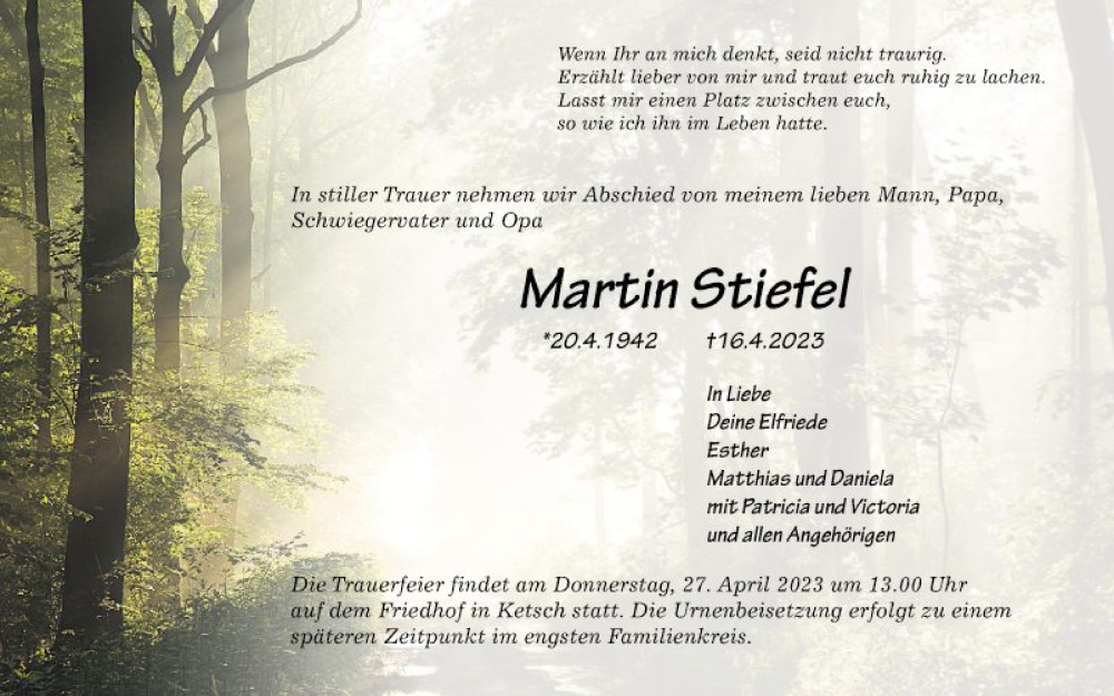  Traueranzeige für Martin Stiefel vom 21.04.2023 aus Schwetzinger Zeitung