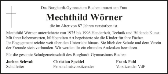 Traueranzeige von Mechthild Wörner von Fränkische Nachrichten