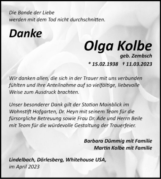 Traueranzeige von Olga Kolbe von Fränkische Nachrichten