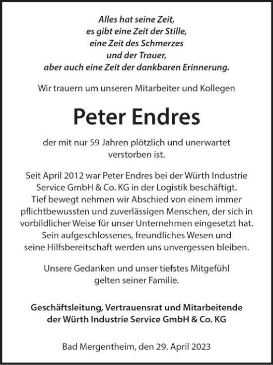 Traueranzeige von Peter Endres von Fränkische Nachrichten