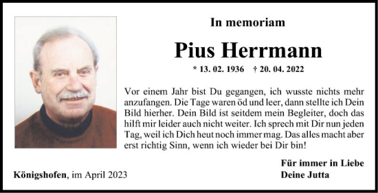 Traueranzeige von Pius Herrmann von Fränkische Nachrichten