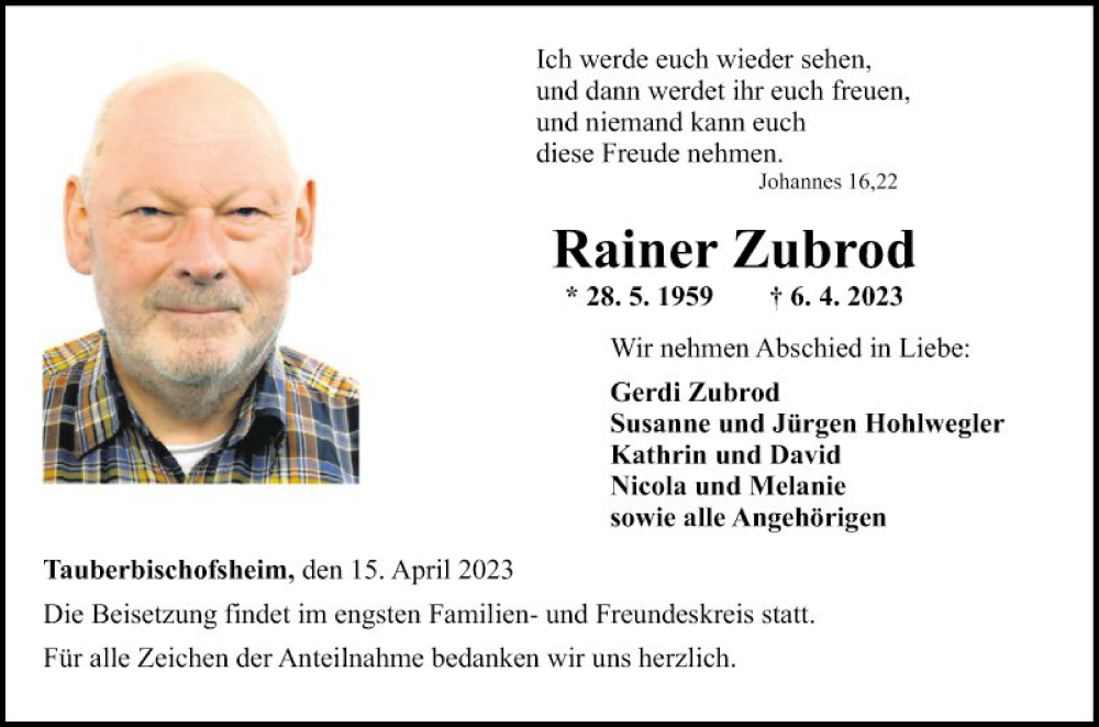  Traueranzeige für Rainer Zubrod vom 15.04.2023 aus Fränkische Nachrichten