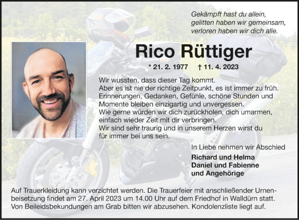  Traueranzeige für Rico Rüttiger vom 22.04.2023 aus Fränkische Nachrichten