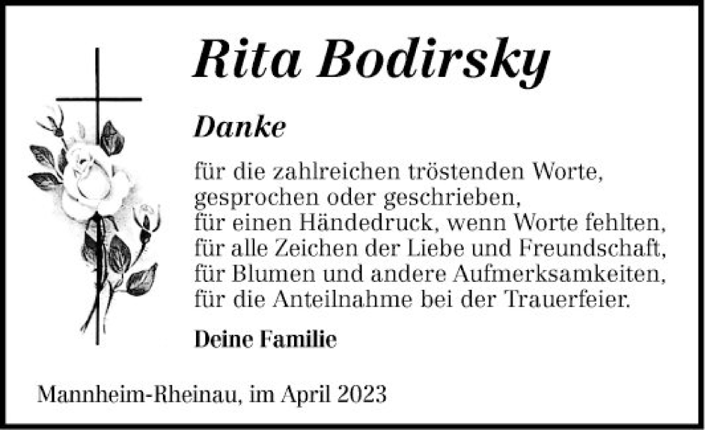  Traueranzeige für Rita Bodirsky vom 29.04.2023 aus Mannheimer Morgen