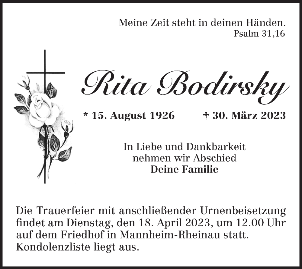  Traueranzeige für Rita Bodirsky vom 08.04.2023 aus Mannheimer Morgen