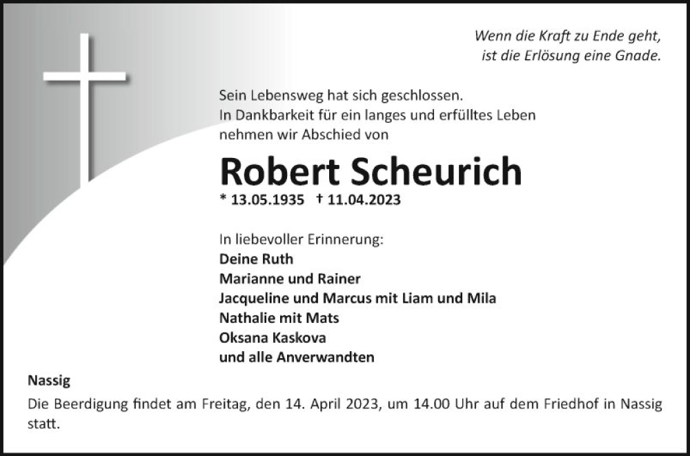  Traueranzeige für Robert Scheurich vom 13.04.2023 aus Fränkische Nachrichten
