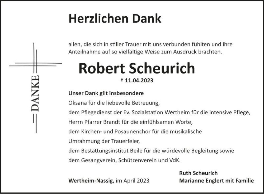  Traueranzeige für Robert Scheurich vom 22.04.2023 aus Fränkische Nachrichten