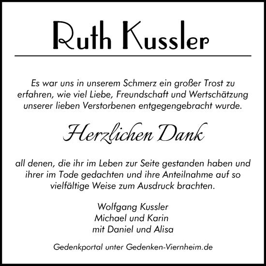 Traueranzeige von Ruth Kussler von Mannheimer Morgen