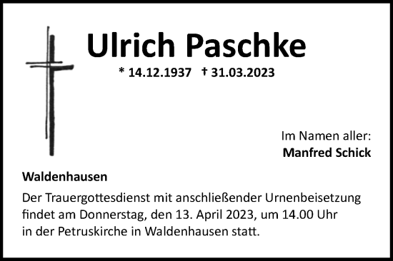 Traueranzeige von Ulrich Paschke von Fränkische Nachrichten
