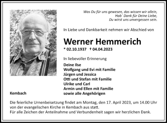 Traueranzeige von Werner Hemmerich von Fränkische Nachrichten