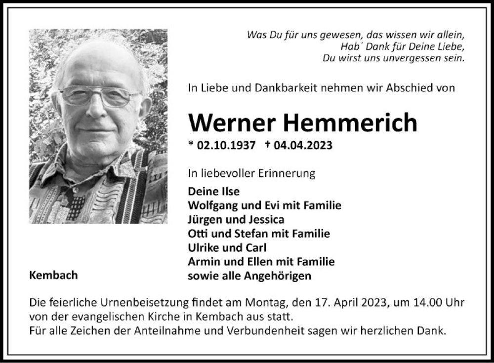  Traueranzeige für Werner Hemmerich vom 15.04.2023 aus Fränkische Nachrichten
