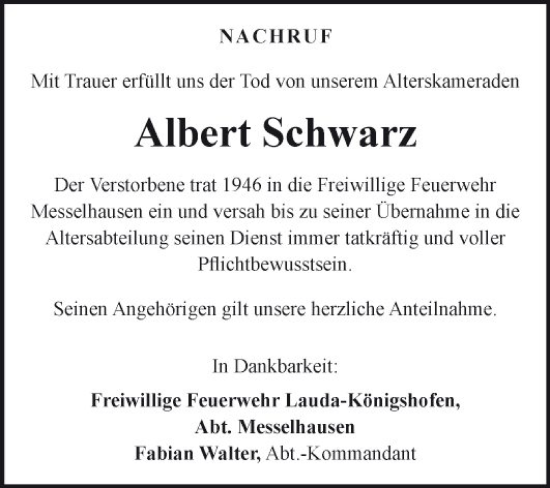 Traueranzeige von Albert Schwarz von Fränkische Nachrichten