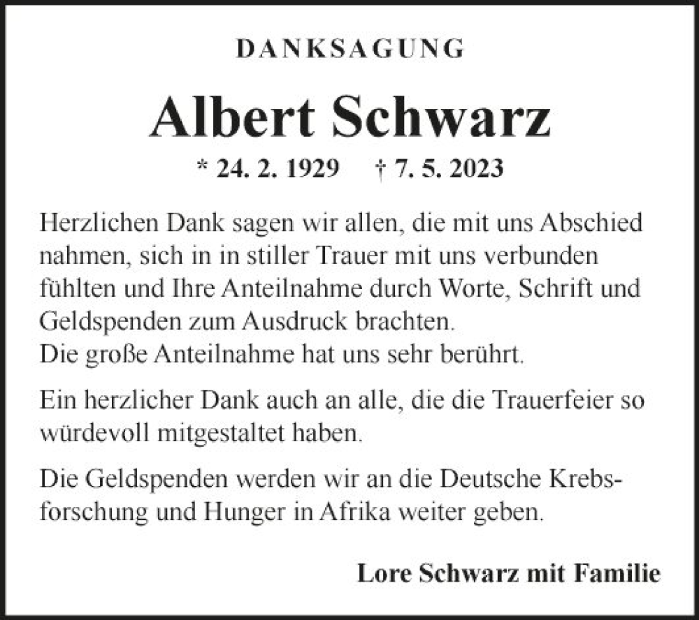  Traueranzeige für Albert Schwarz vom 27.05.2023 aus Fränkische Nachrichten
