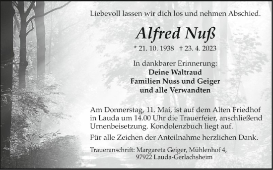 Traueranzeige von Alfred Nuß von Fränkische Nachrichten