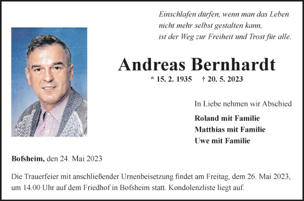  Traueranzeige für Andreas Bernhardt vom 24.05.2023 aus Fränkische Nachrichten