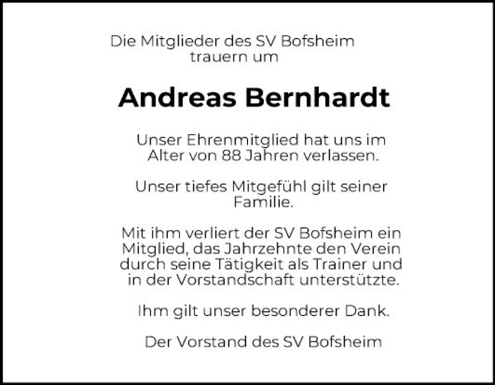  Traueranzeige für Andreas Bernhardt vom 24.05.2023 aus Fränkische Nachrichten