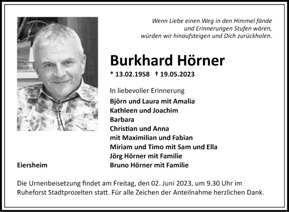  Traueranzeige für Burkhard Hörner vom 27.05.2023 aus Fränkische Nachrichten