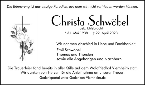 Traueranzeige von Christa Schwöbel von Mannheimer Morgen