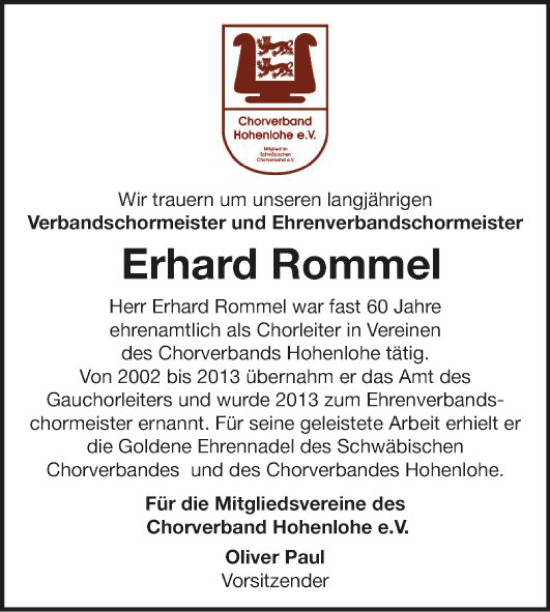 Traueranzeige von Erhard Rommel von Fränkische Nachrichten