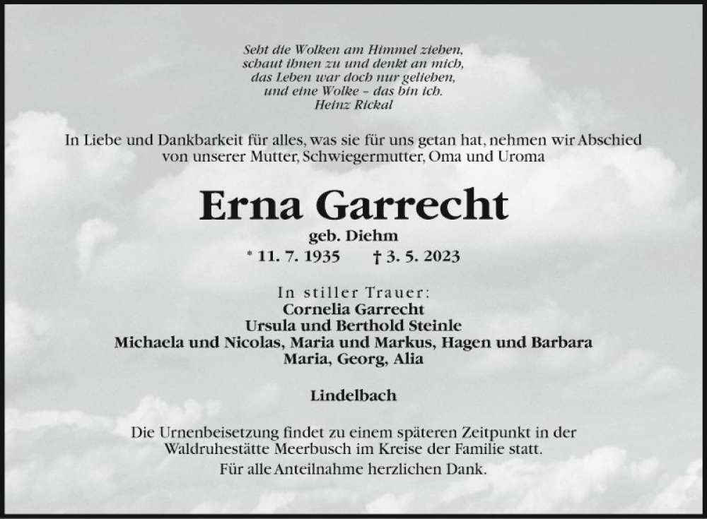  Traueranzeige für Erna Garrecht vom 13.05.2023 aus Fränkische Nachrichten