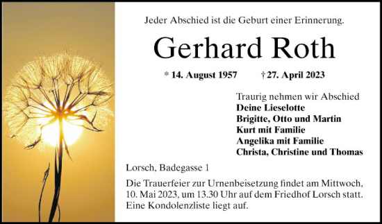 Traueranzeige von Gerhard Roth von Bergsträßer Anzeiger