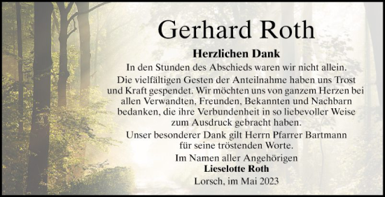 Traueranzeige von Gerhard Roth von Bergsträßer Anzeiger