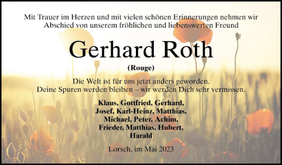 Traueranzeige von Gerhard Roth von Bergsträßer Anzeiger