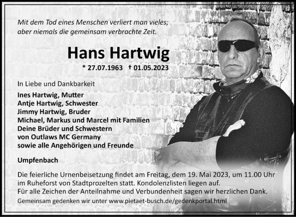  Traueranzeige für Hans Hartwig vom 13.05.2023 aus Fränkische Nachrichten